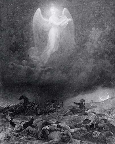 Появление ангела над полем боя.
Источник фото: https://cn.artsdot.com/ADC/Art.nsf/O/AQUTN3/$File/Emanuel-Gottlie-Angel-Hovering-Above-a-Battle-Scene-painting-.jpg