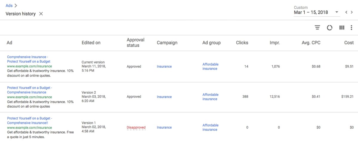 История версий объявления в интерфейсе AdWords