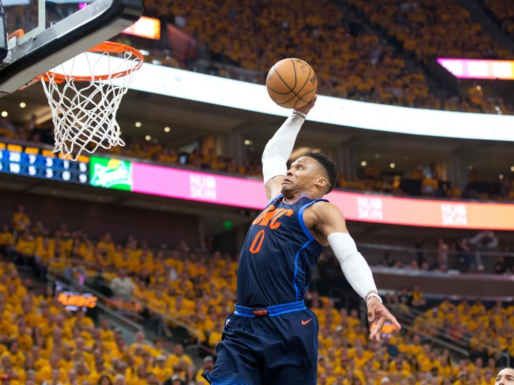 Apr 27, 2018; Salt Lake City, UT, USA; Oklahoma City Thunder guard Russell Westbrook (0) dunks the ball