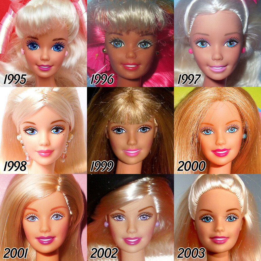 Barbie история. Эволюция Барби 1959-2018. Эволюция кукол Барби с 1959. Куклы Эволюция Барби Кен. Лица Барби Эволюция.