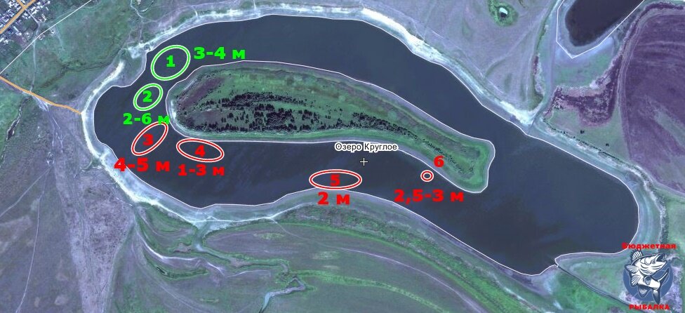 Карта водоёма с указаниями мест ловли и приблизительными глубинами 