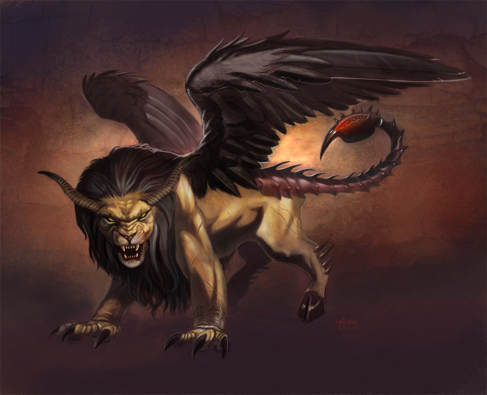 Голова льва хвост скорпиона. Мантикора Греческая мифология. Мантикора и Грифон. Мантикора мифическое существо. Демон Мантикора.