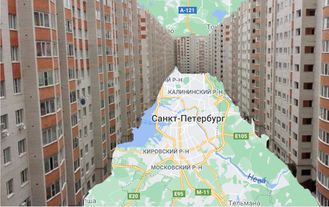Коллаж новостройки на севере СПБ на фоне карты СПБ