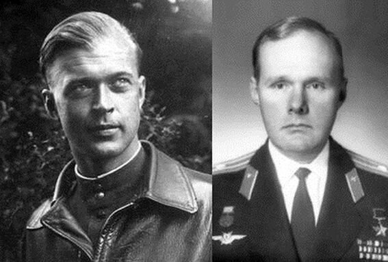 Слева - Павел Богданов на аэродроме Шеневальде, Германия, май 1945 года. Справа - Александр Щербаков после войны 