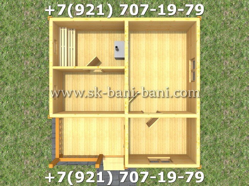 Планировка бани 6х6 с террасой из сухого бруса 140х140 с печкой под ключ