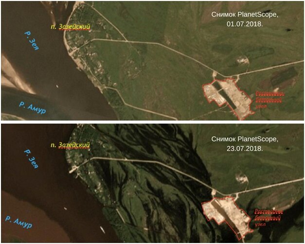 Окрестности посёлка Зазейский. Снимки PlanetScope: нормальный уровень воды и наводнение. 