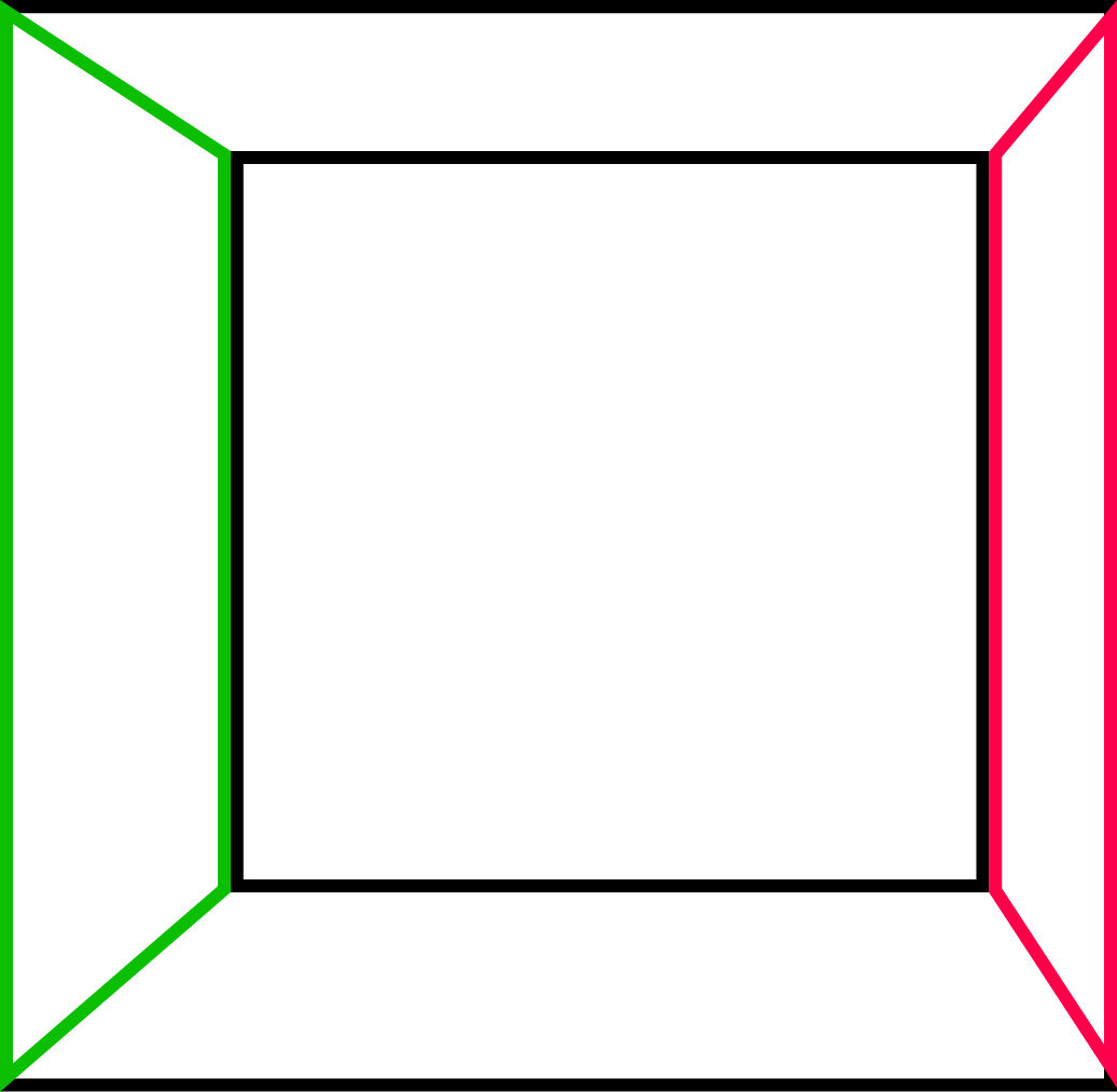 Изображение куба в перспективе. Задняя грань выглядит меньше, чем передняя, а боковые стенки представляют из себя трапеции, хотя на самом деле все грани квадратные.