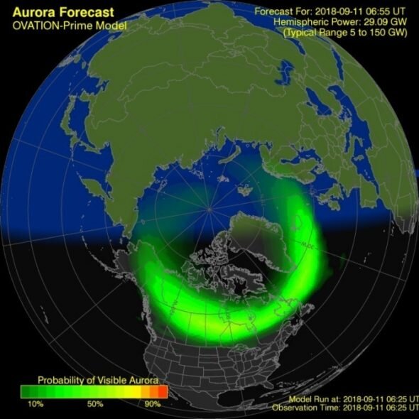Прогноз появления северного сияния для северного полушария (NOAA)