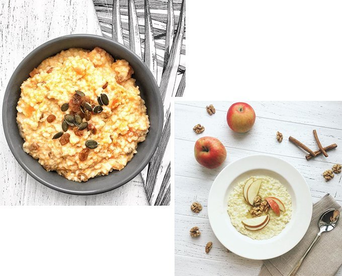 Слева – пшенная каша с тыквой и изюмом; справа – с яблоками и орехами