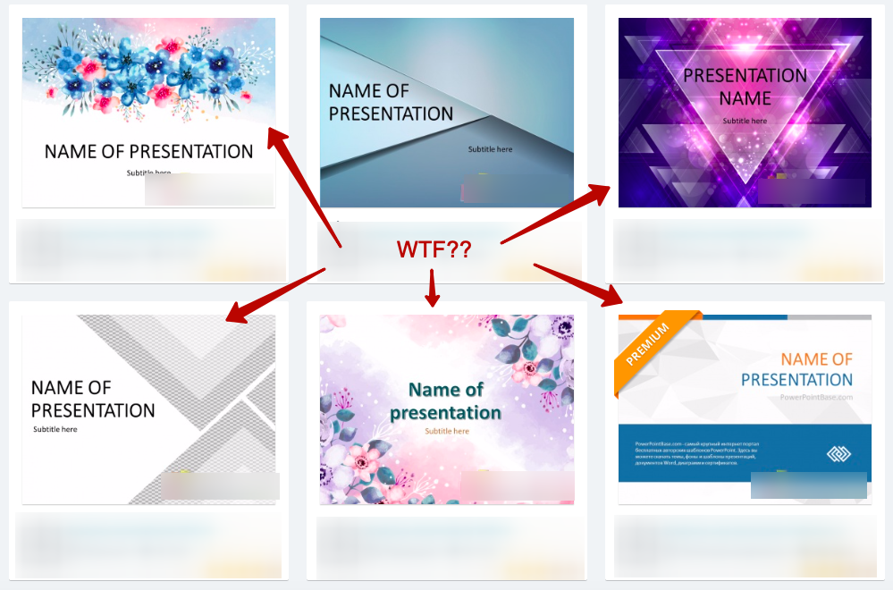 Примеры бесплатных шаблонов. Цветочки, непонятные кубические формы, неимоверная палитра используемых цветов... глупости одним словом.