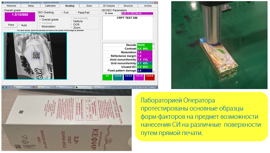 Образцы молочной продукции с нанесенными Data Matrix кодами в лаборатории ЦРПТ
