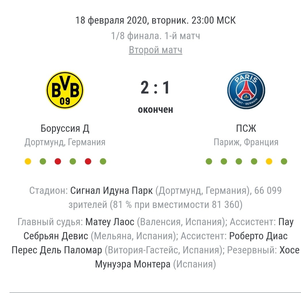 Результат первого матча Боруссия Д-ПСЖ. Изображение взято с сайта Чемпионат. 