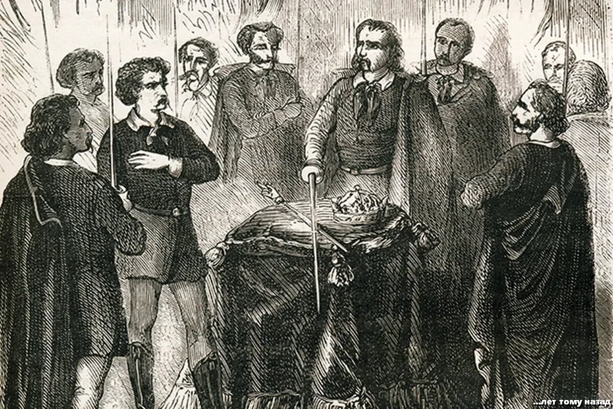 Изображение ритуала посвящения в иллюминаты, выполненное в XIX веке. В реальности об истинной природе церемонии сохранились лишь скудные подробности 