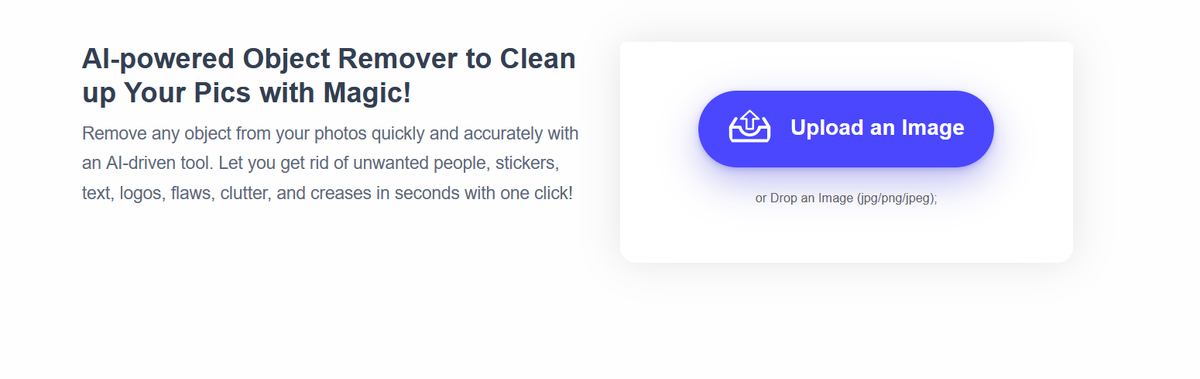 Перевод: Быстро и точно удаляйте любой объект с фотографий с помощью инструмента на базе искусственного интеллекта. Позвольте вам избавиться от нежелательных людей, наклеек, текста, логотипов, дефектов, беспорядка и складок за считанные секунды одним щелчком мыши! 