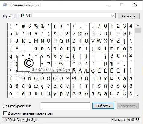 Как напечатать символ копирайта, градуса, евро...