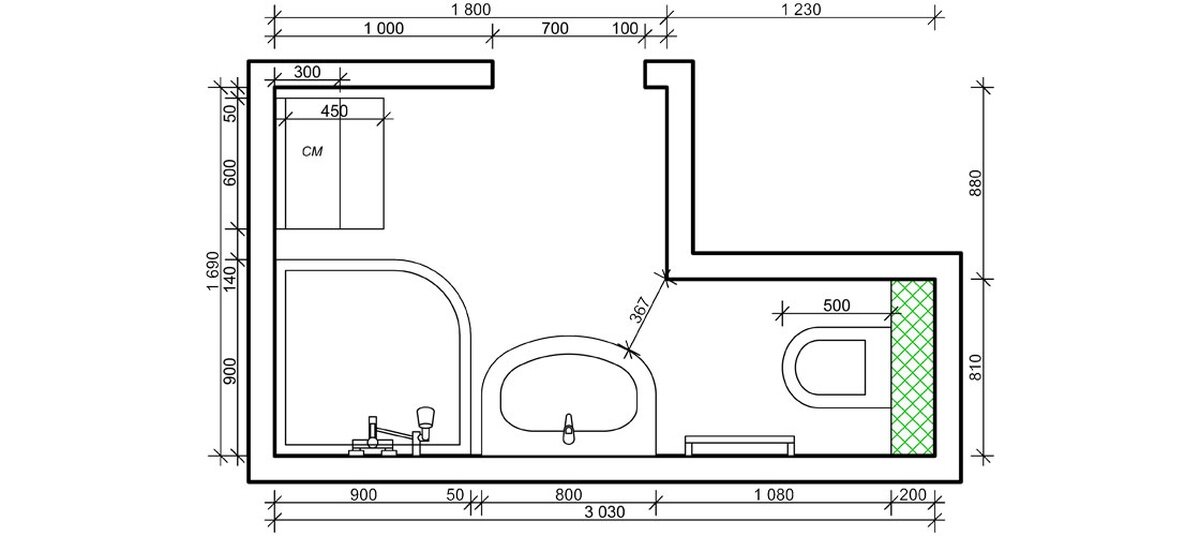 Начертить ванную комнату