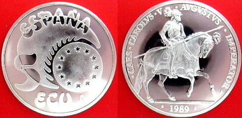 Испания, 5 экю 1998 - Карл V Габсбург  — король Испании (Кастилии и Арагона) под именем Карлос I  с 23 января 1516 года, король Германии (римский король) с 28 июня 1519 по 1556 годы, император Священной Римской империи с 1519 года. Крупнейший государственный деятель Европы первой половины XVI века, внёсший наибольший вклад в историю среди правителей того времени. Карл V — последний император, официально коронованный римским папой, он же — последний император, отпраздновавший в Риме триумф.