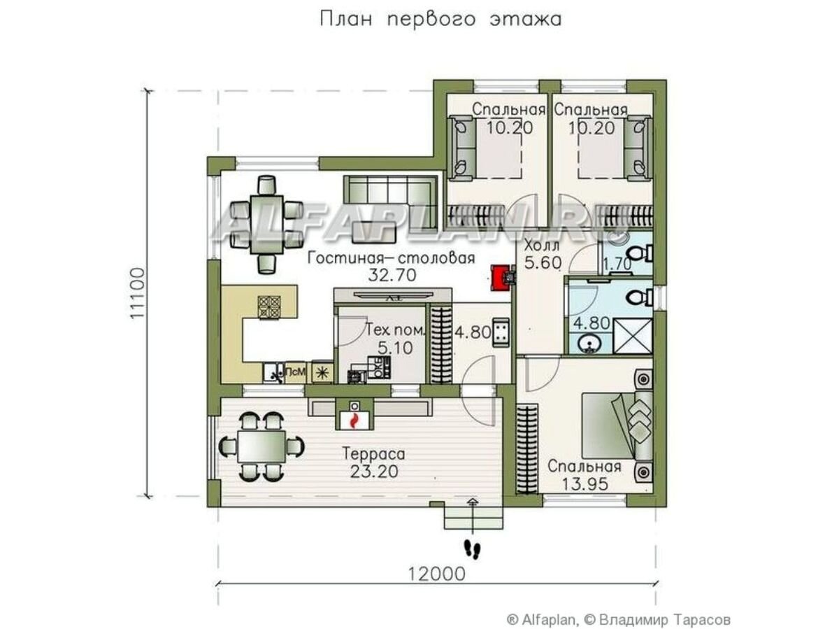 Проект экономичного одноэтажного дома 1016B «Эпсилон», три спальни, 96м2. |  Популярные проекты домов Альфаплан | Дзен