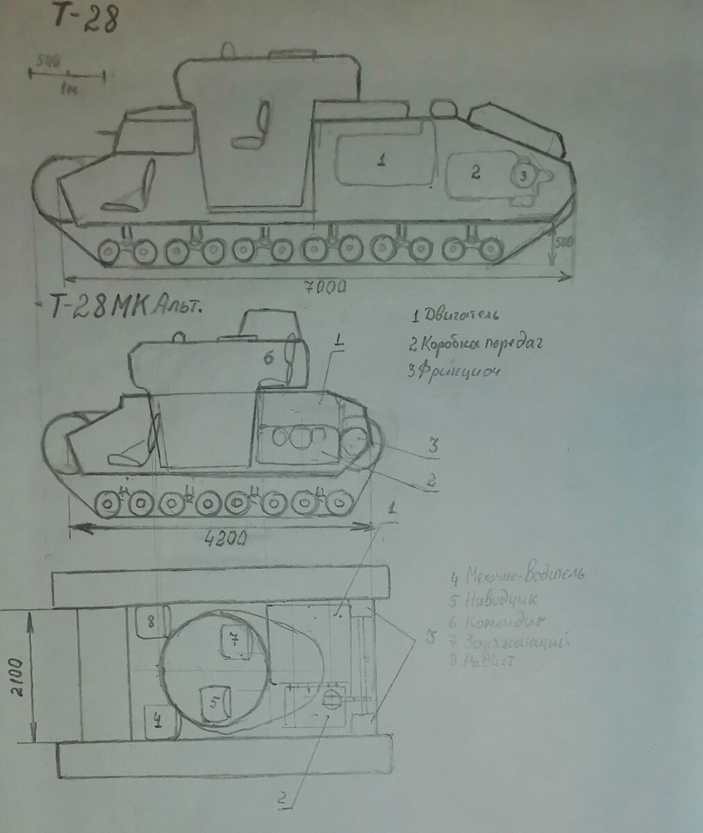 Эскиз компоновки Т-28 обр 1938г и глубокой альтернативной модификации. 