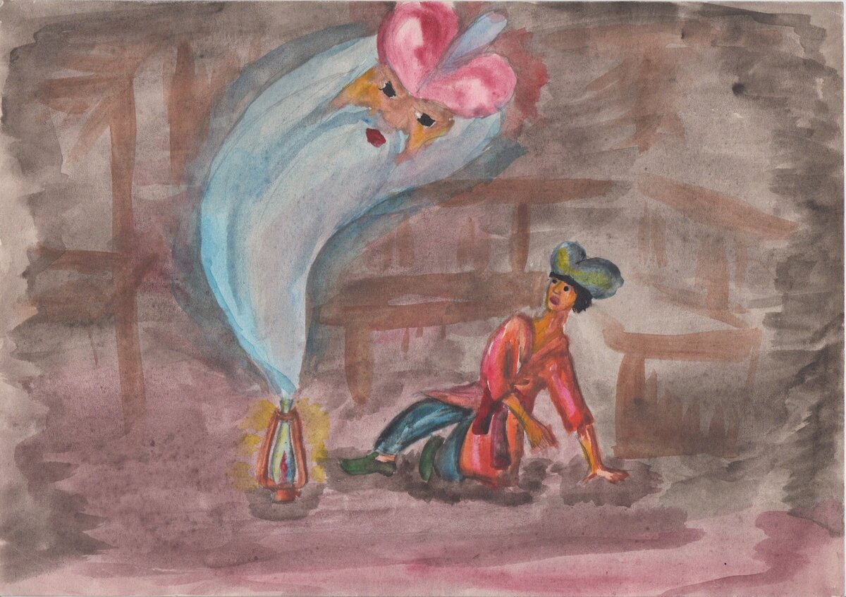 Иллюстрация к сказке "Волшебная лампа Аладдина" - домашнее задание по рисованию классе в 5.