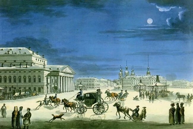 Вид на Театральную площадь Петербурга, 1820-е годы. За Мариинским театром виден дом Мордвиновых