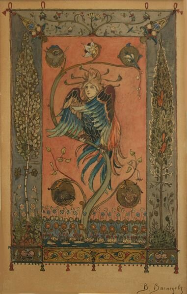 Виктор Васнецов «Гамаюн, птица вещая», эскиз к торжественному панно-хоругви, 1895; картон, акварель, бронзовый порошок, графитный карандаш. 46х33 см; Частное собрание.