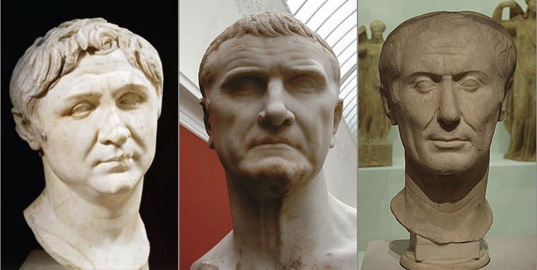 Слева направо: Гней Помпей Великий, Марк Лициний Красс, Гай Юлий Цезарь