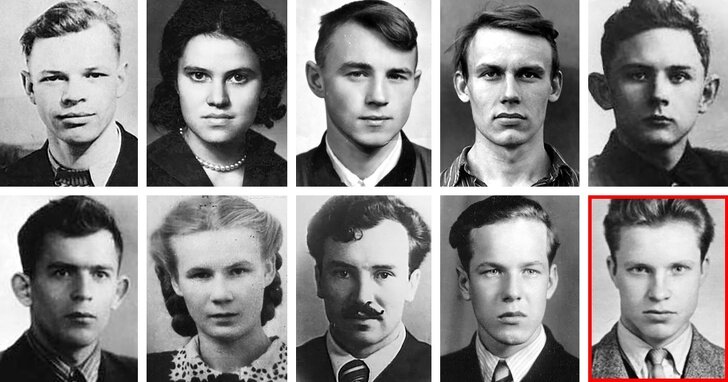 Слева направо: Игорь Дятлов (23 года), Зинаида Колмогорова (22), Рустем Слободин (23), Юрий Дорошенко (21), Георгий Кривонищенко (23), Николай Тибо-Бриньоль (23), Людмила Дубинина (20), Семен Золотарев (38), Александр Колеватов (24), Юрий Юдин (выжил, потому что сошел с дистанции в начале пути  из-за травмы ноги).  
