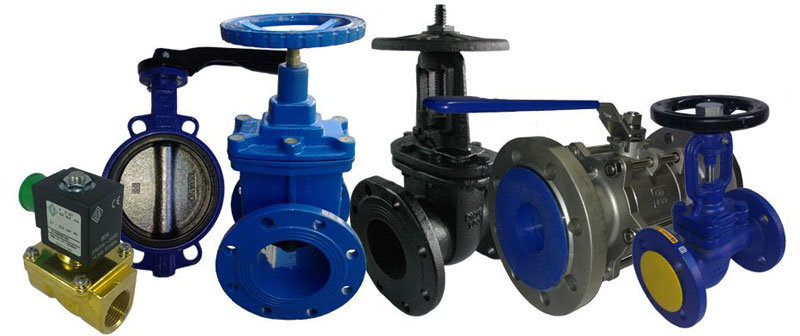 На фото (слева направо) изображены: Клапан электромагнитный ODE, Задвижка Баттерфляй Zetkama 497, Задвижка с обрезиненным клином 30ч39р, Задвижка чугунная 30ч6бр, Кран шаровый фланцевый нержавеющий Ayvaz, Вентиль с сильфонным уплотнением Zetkama 234.