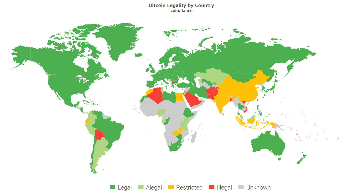 Легальность bitcoin в мире. Данные CoinDance.