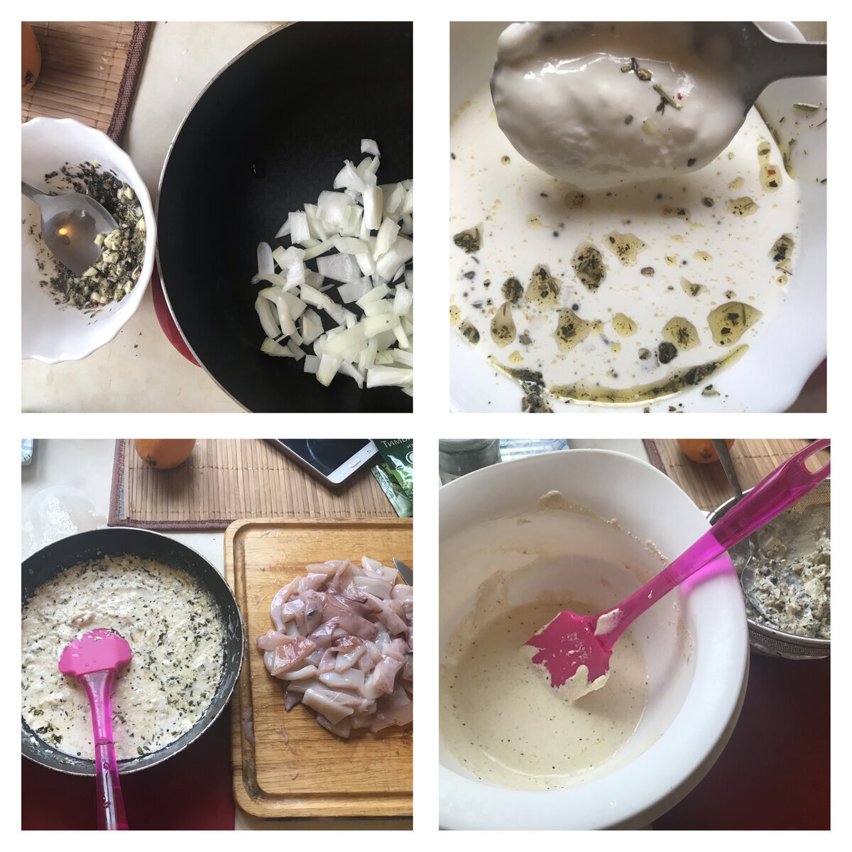 Обжаренный лук, специи с маслом, смешанны, минуту обжарены, протерты через сито.