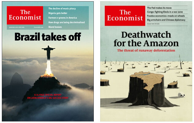 Эволюция обложек журнала "The economist" - от "Бразилия взлетает" в 2009 до "Последнего прощания с Амазонией" в 2019