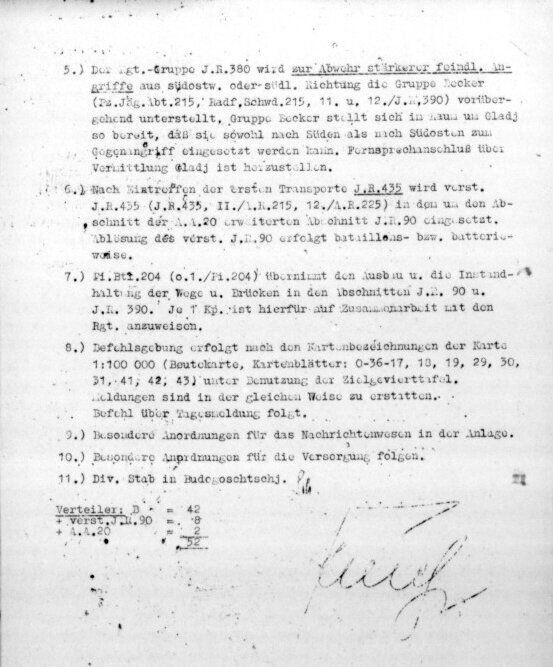 Вот 2-я страница это приказа.  Например, п. 7 гласит: "204-й сапёрный батальон (без 1-й роты) берёт на себя строительство и техобслуживание дорог и мостов на участках 90-го и 390-го полков. Для этого выделить в каждый полк по одной роте".