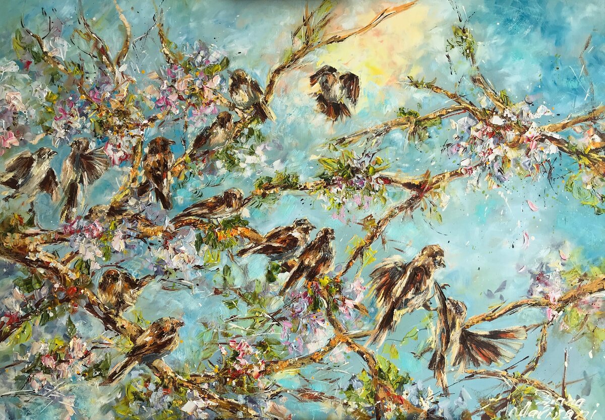 "Воробьи" (70/100 см, холст/масло, 2018 г.) - Художник Диана Маливани