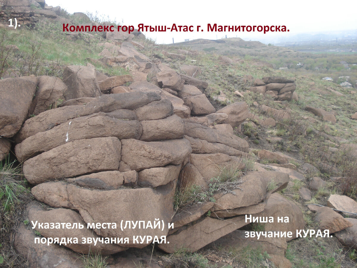 Фото. автора/ Пластично сложенные каМНИ указывающих на порядок звучания кУР-Ая, сОР и нӘЙ (у башКАРТов Ирана как "нЯЙ") на КОМплексе Ятыш-Атас г. МАГнитогорска.