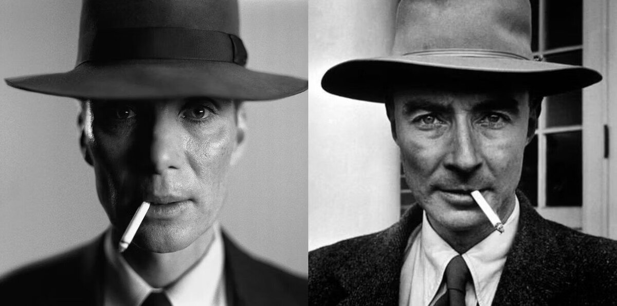 Киллиан Мерфи в роли Оппенгеймера и настоящий  Оппенгеймер