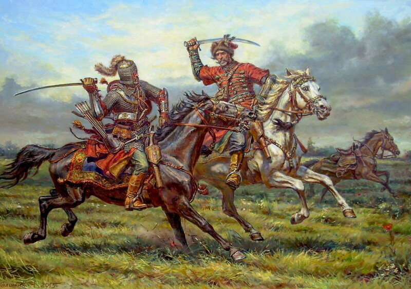 Герц (поединок). Слева всадник козацкой хоругви, справа — показаченный украинский шляхтич. Картина художника Анатолия Теленика. Источник: страница автора в facebook