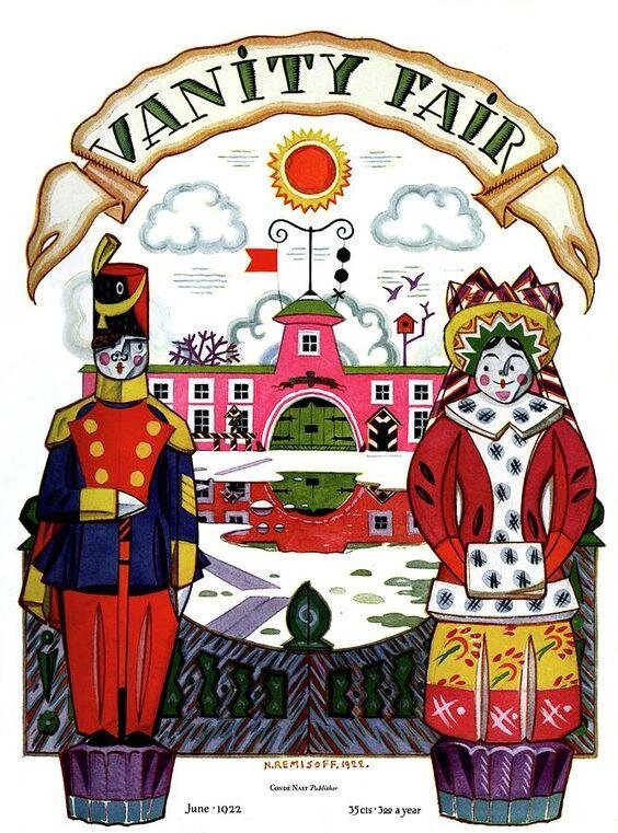 Это одна из первых «русских» обложек для журнала Vanity Fair издательства Condé Nast, сделанная Николаем Васильевым-Ремизовым в июне 1922 года.