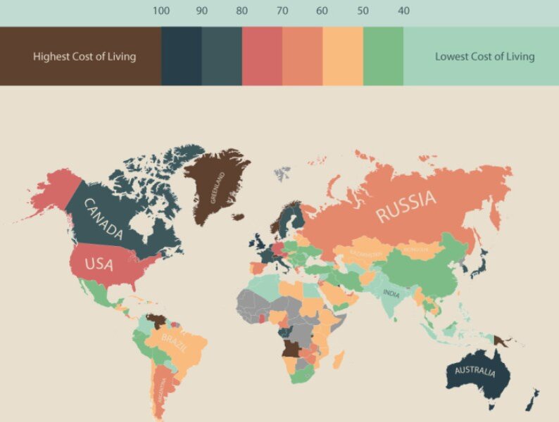 Стоимость жизни в странах мира. Чем ближе к коричневому цвету, тем дороже. В хорошем качестве - https://i.redd.it/am1x3h2inhh21.jpg