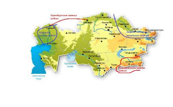 карта Казахстана, где отмечены места компактного проживания казаков.