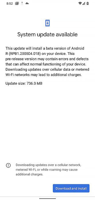 Пришедшее обновление весит 736Мб. Пре-релизная версия. Может содержать ошибки и дефекты. Способно повлиять на нормальное функционирование устройства.