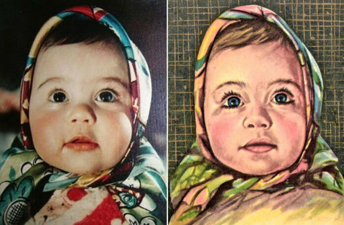 Победителем в объявленном фотоконкурсе стал известный фотограф Александр Геринас, который прислал снимок своей восьмимесячной дочери. Геринас сделал его еще в 1960 году — фото уже мелькало на страницах журналов «Советское фото» и «Здоровье». Художник-дизайнер «Красного Октября» Николай Маслов на основе этого снимка создал образ «Аленки». В таком виде обёртка шоколада начала издаваться с 1965 года и с тех пор издаётся по сей день.