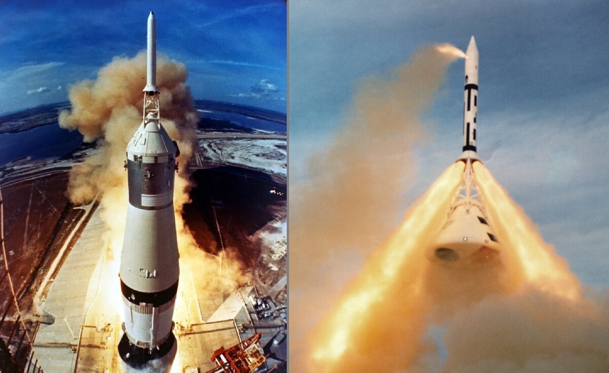 Слева - старт ракеты Saturn V с кораблем Apollo. Справа - тестовые испытания системы аварийного спасения Apollo.