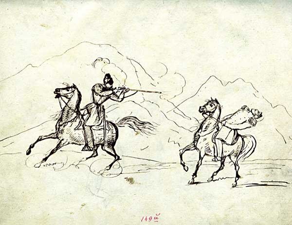 Иллюстрация к повести А.А.Бестужева-Марлинского «Аммалат-Бек»: конный Аммалат-Бек, стреляющий из ружья в полковника Верховского