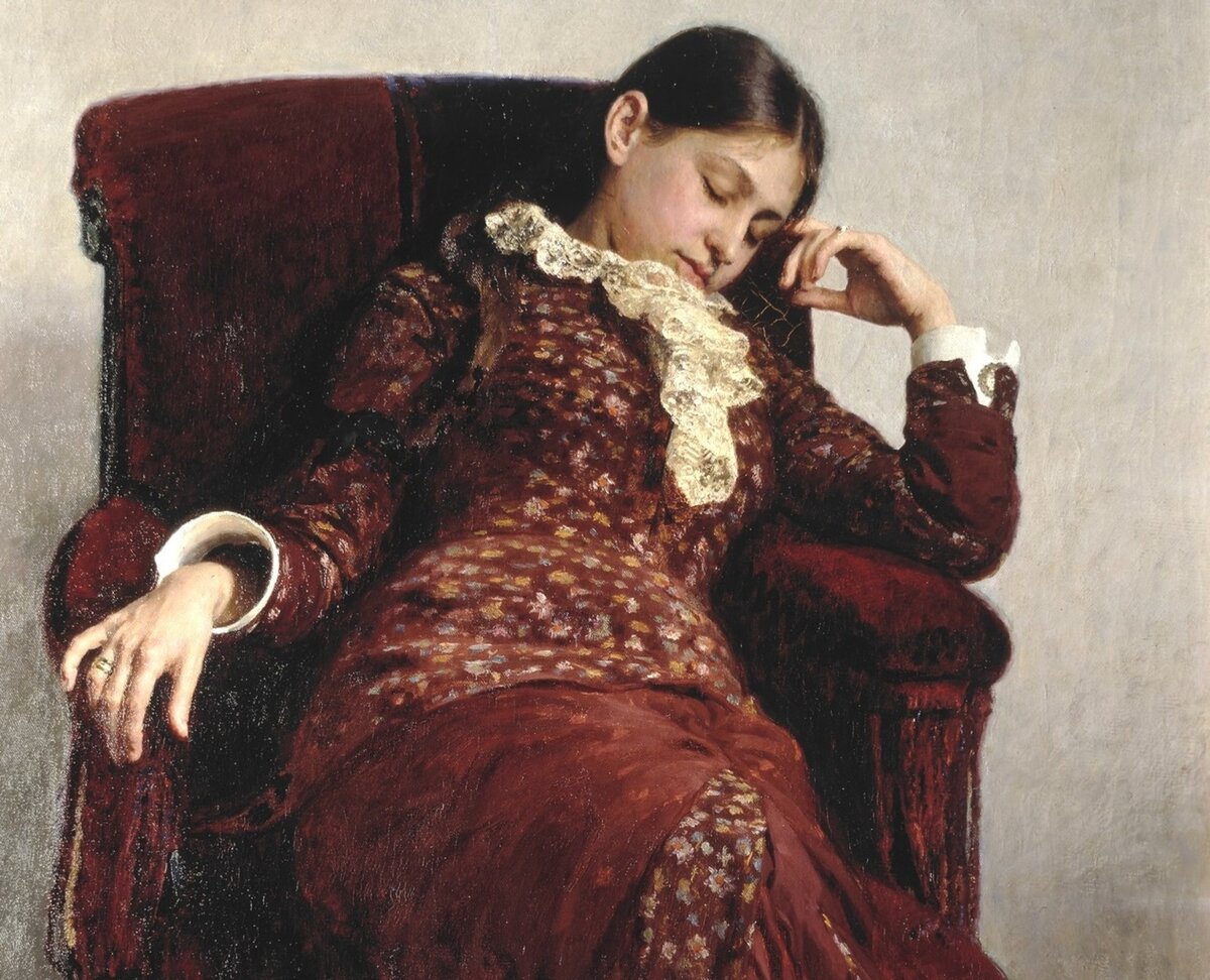 Полотно Репина «Отдых». На картине изображена Вера Репина. Героине картины явно снился вещий сон 