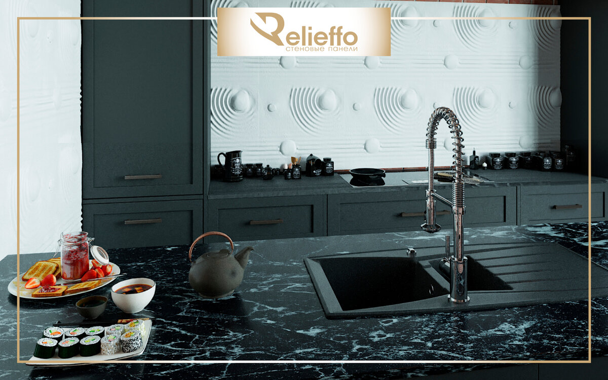 Белоснежная кухня с использованием стеновых 3D панелей "Dune" от бренда "Relieffo"