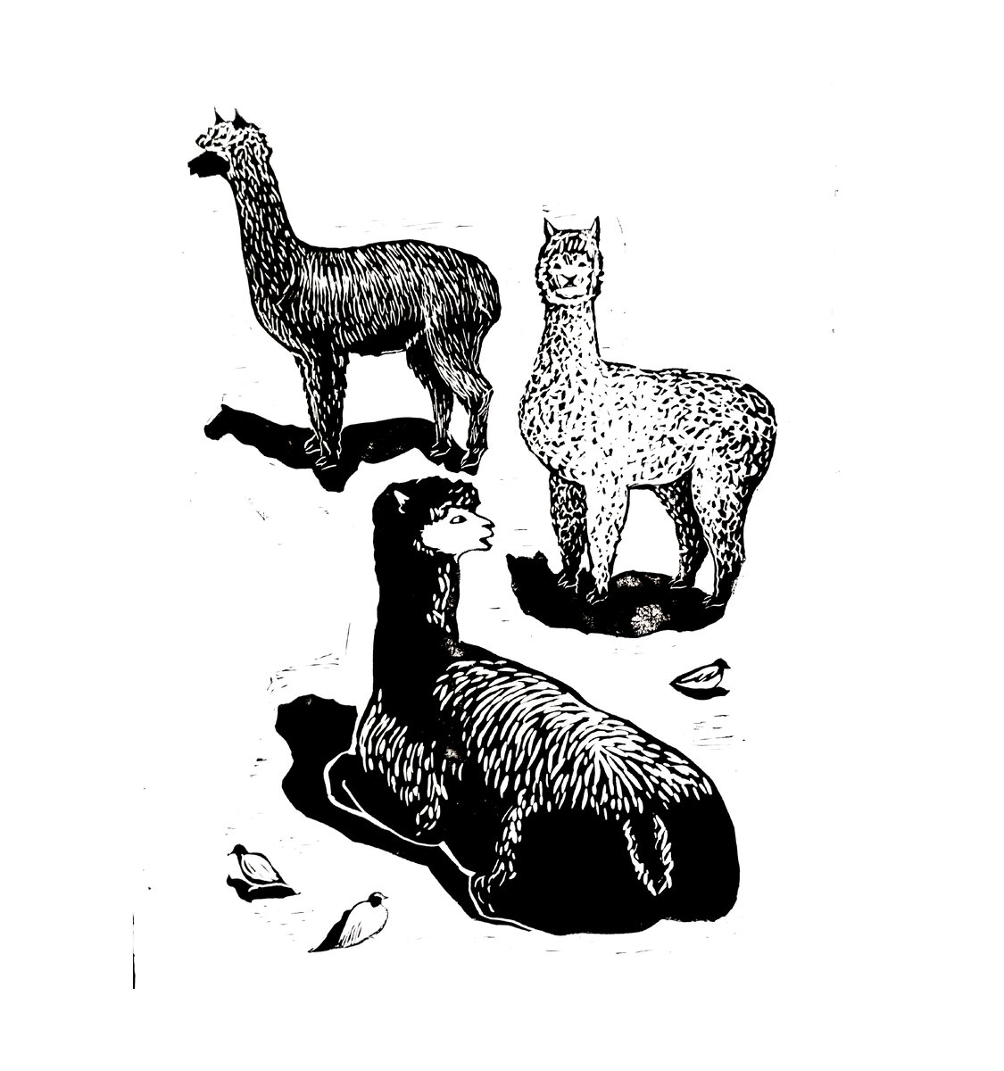 Моя работа в технике линогравюра "Альпаки", 2018