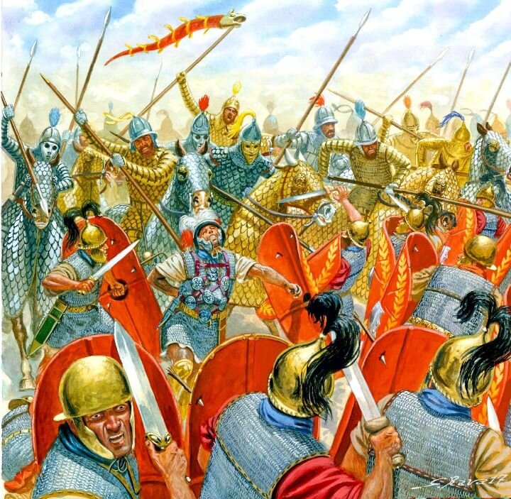 Атака парфянских катафрактов во время битвы при Каррах.