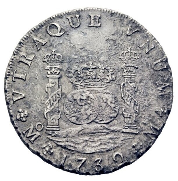 Аверс 8 реалов 1732 года, король Испании Филипп V