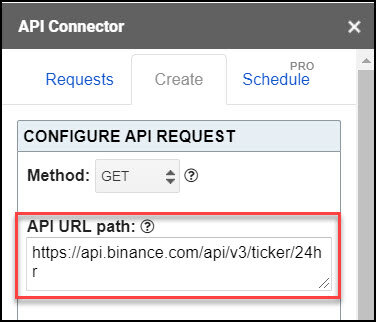 На вкладке «Создать» введите только что созданный URL-адрес запроса. На скриншотах показан api.binance.com, но я рекомендую вместо этого использовать альтернативные домены, например api1.binance.com.
